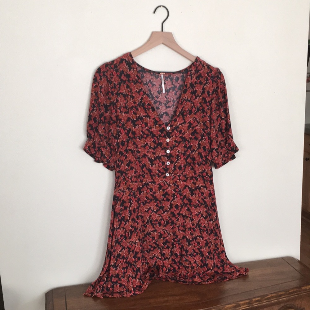 Free People Red Floral Mini Dress with Button Front